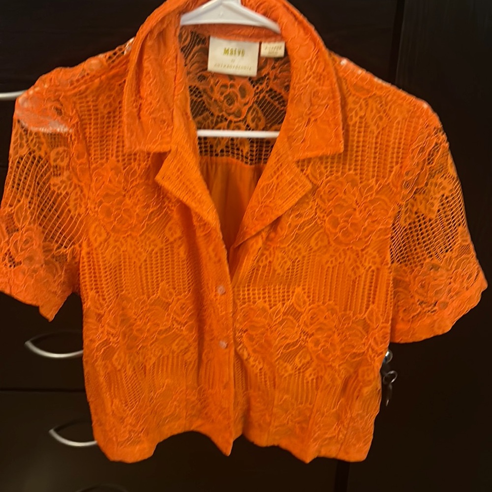 Meave By Anthropology Cropped Laced Button Down Shirt